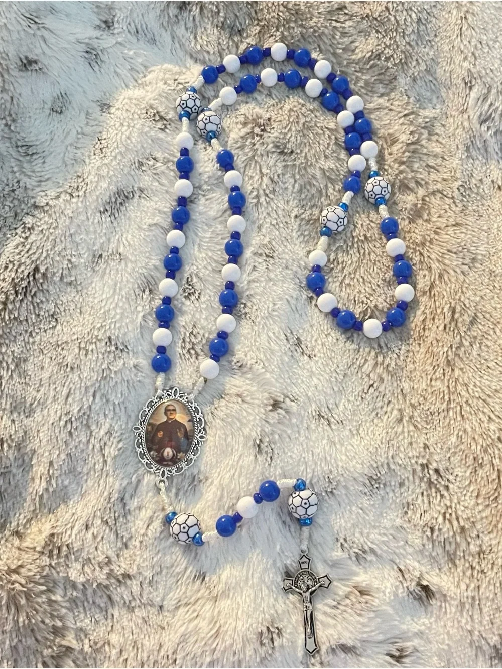 Blue and White Beaded Rosary Necklace with Saint Medallion